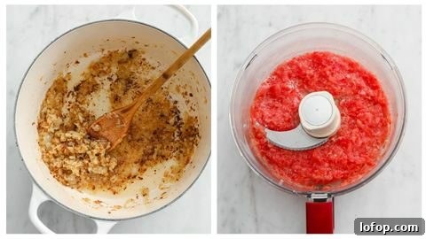 Browned onions in a Dutch oven with a wooden spatula and pureed tomatoes in a food processor