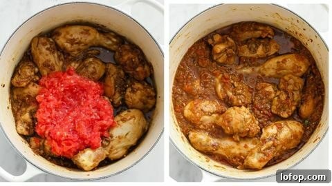 Sautéed chicken in a dutch oven with tomatoes on top and Authentic Chicken Curry in a dutch oven ready to be covered and cooked.