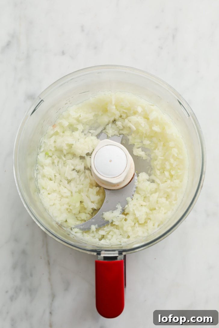 Finely chopped onions in a food processor