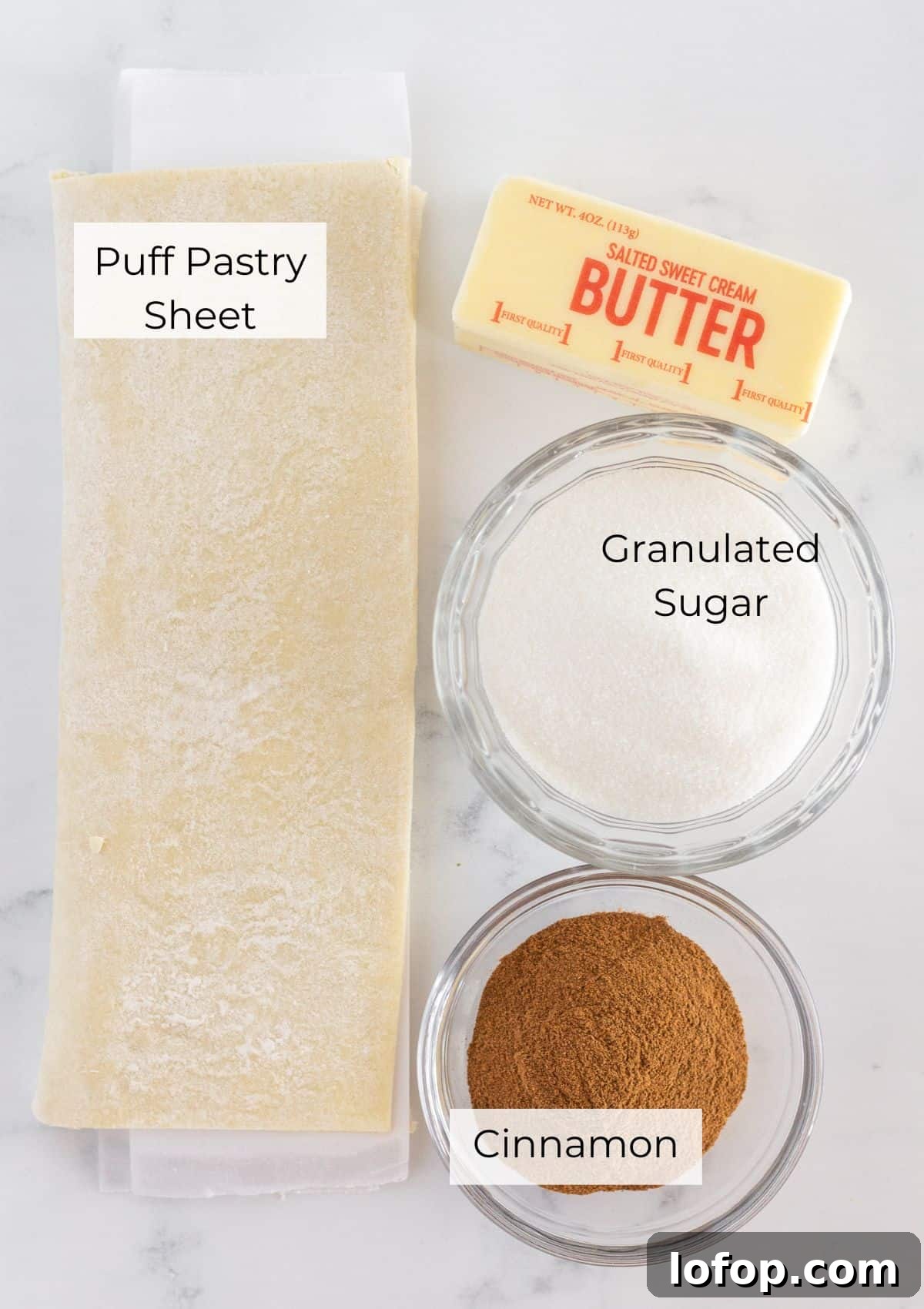 The ingredients needed to make baked churros with puff pastry.