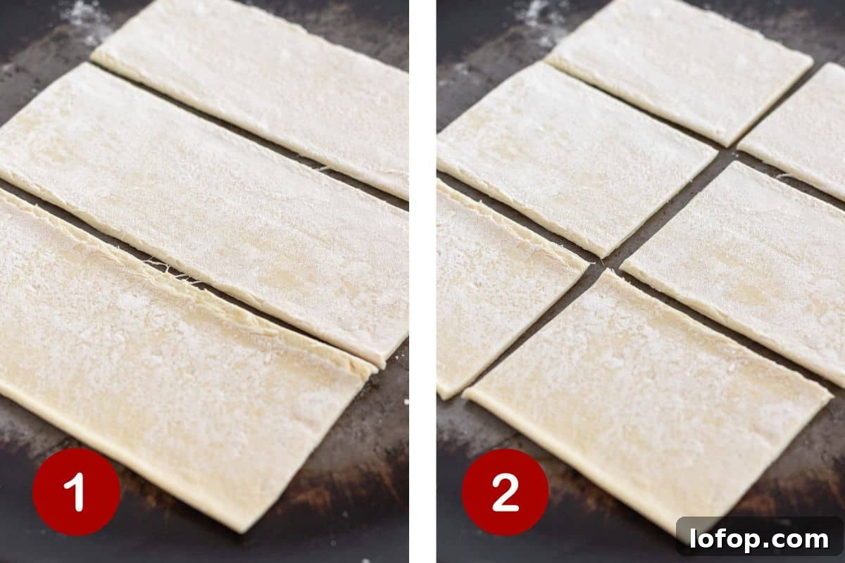 Cutting the puff pastry into thirds and then into sixths.