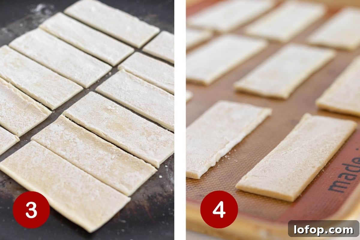 The finishing cuts of the puff pastry and transferring them to a baking sheet.
