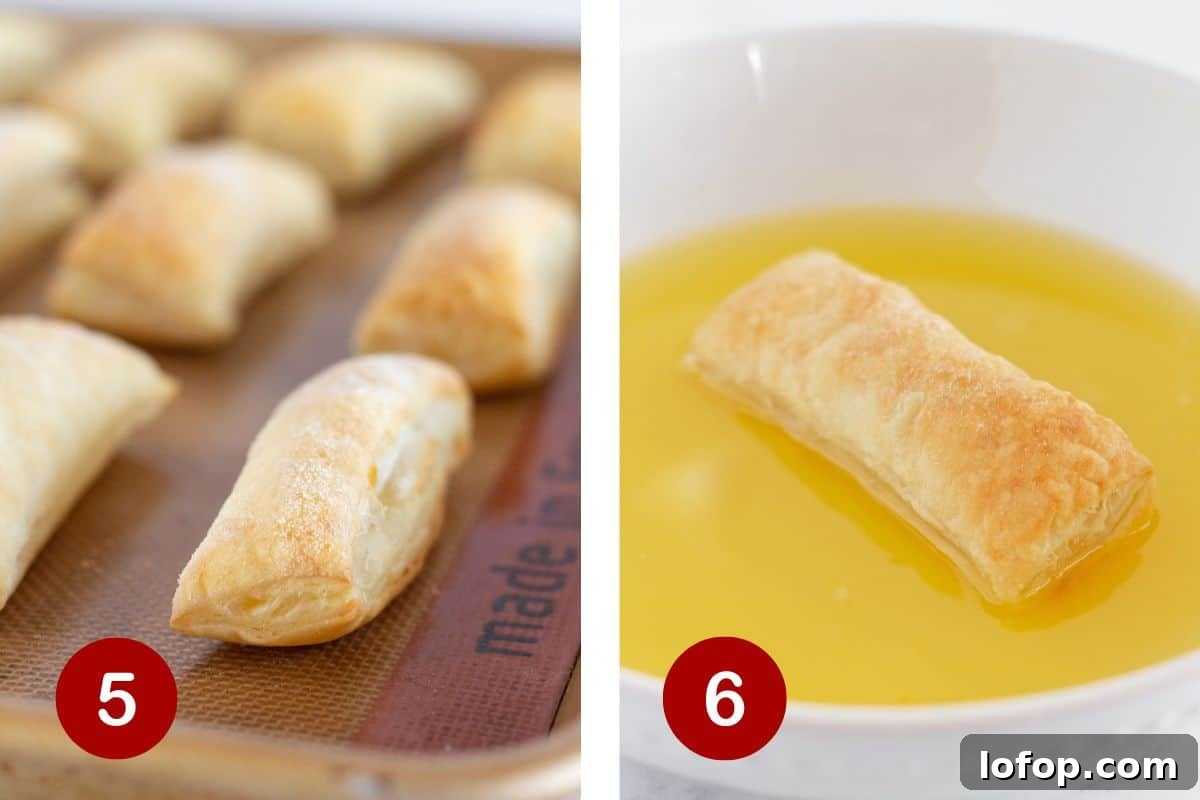Baking the puff pastry dough and rolling in melted butter.