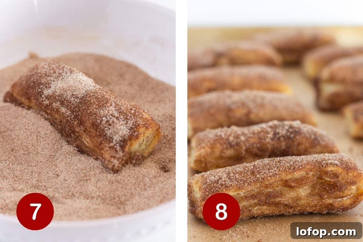 Rolling the baked churro in cinnamon sugar and serving.