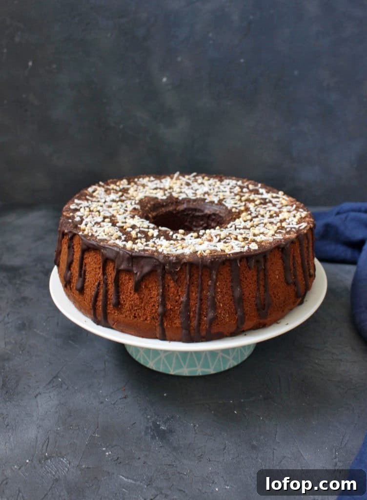 Chocolate Chiffon Cake on a cake stand over a grey surface