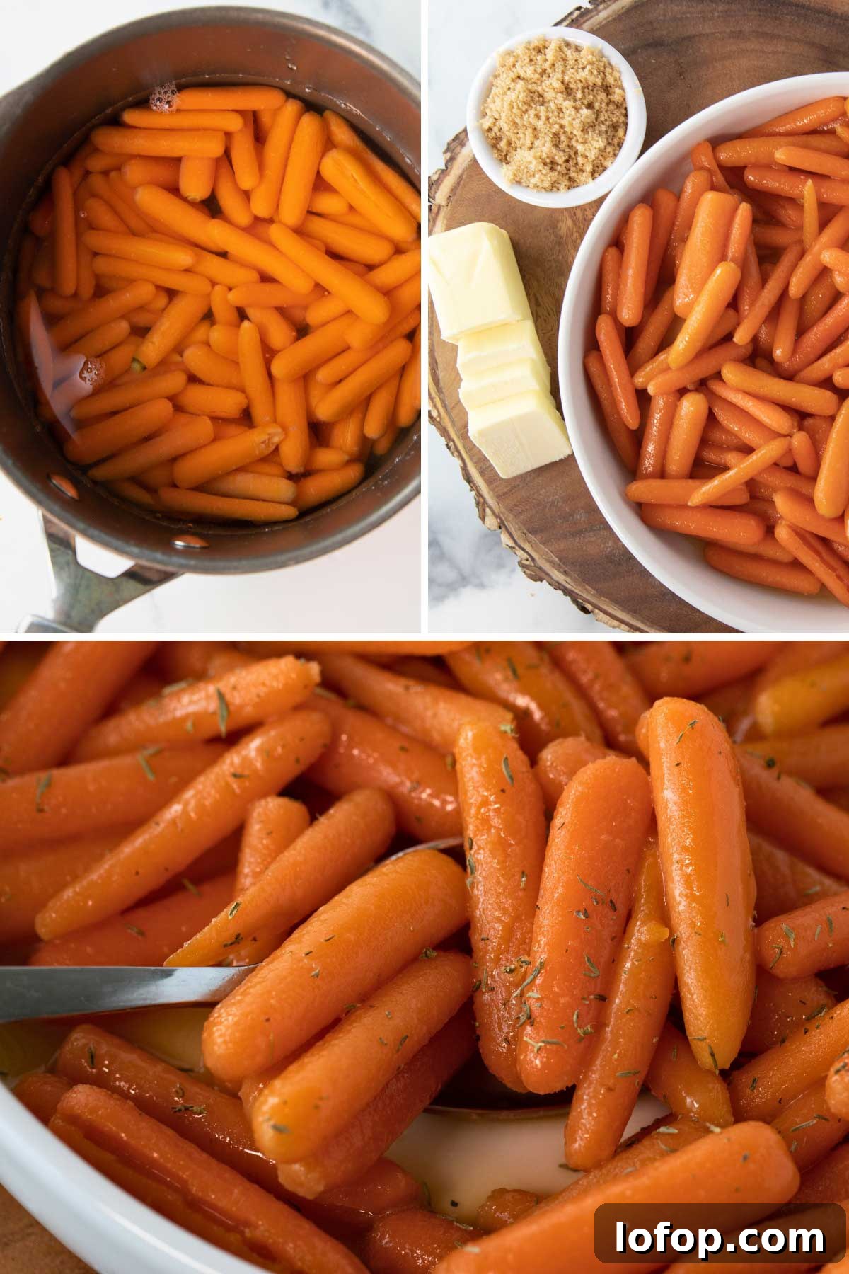 Sweet Brown Sugar Glazed Baby Carrots Recipe 3 pot of baby carrots with water, bowl of carrots with butter and brown sugar sitting beside, brown sugar glazed carrots