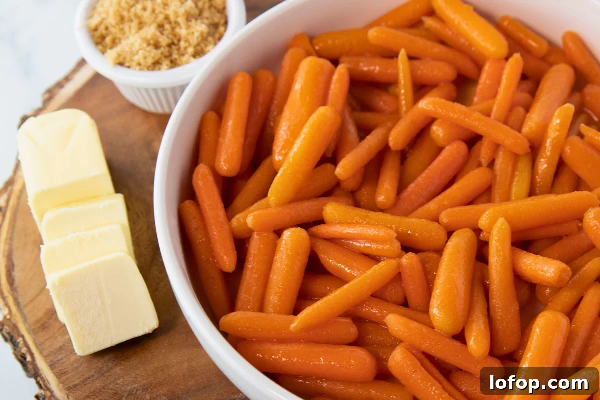 Sweet Brown Sugar Glazed Baby Carrots Recipe 4 bowl of cooked carrots with butter and brown sugar sitting beside