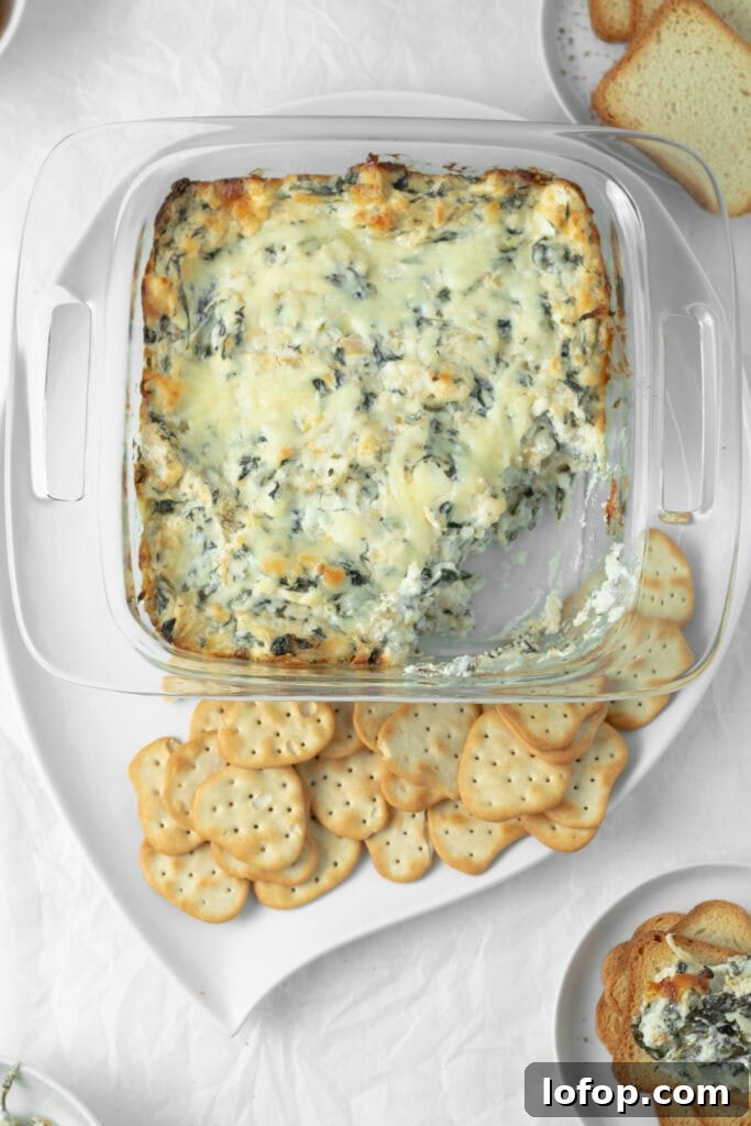 spinach artichoke dip with crackers on a serving plate.