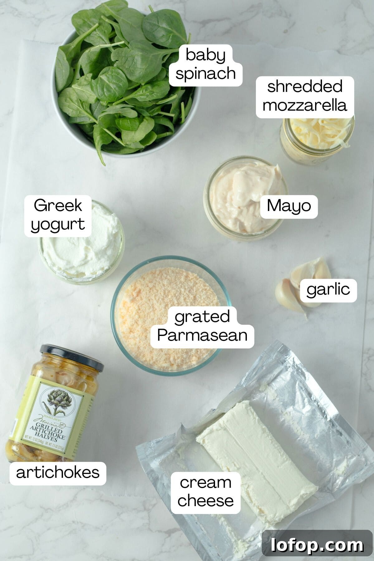 ingredients for spinach artichoke dip.