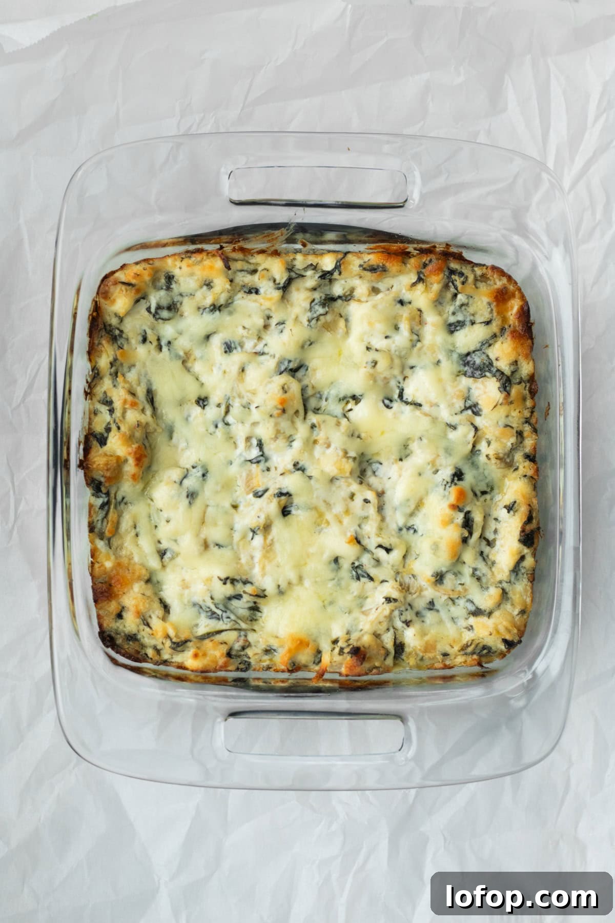 Baked spinach artichoke dip just out of the oven.