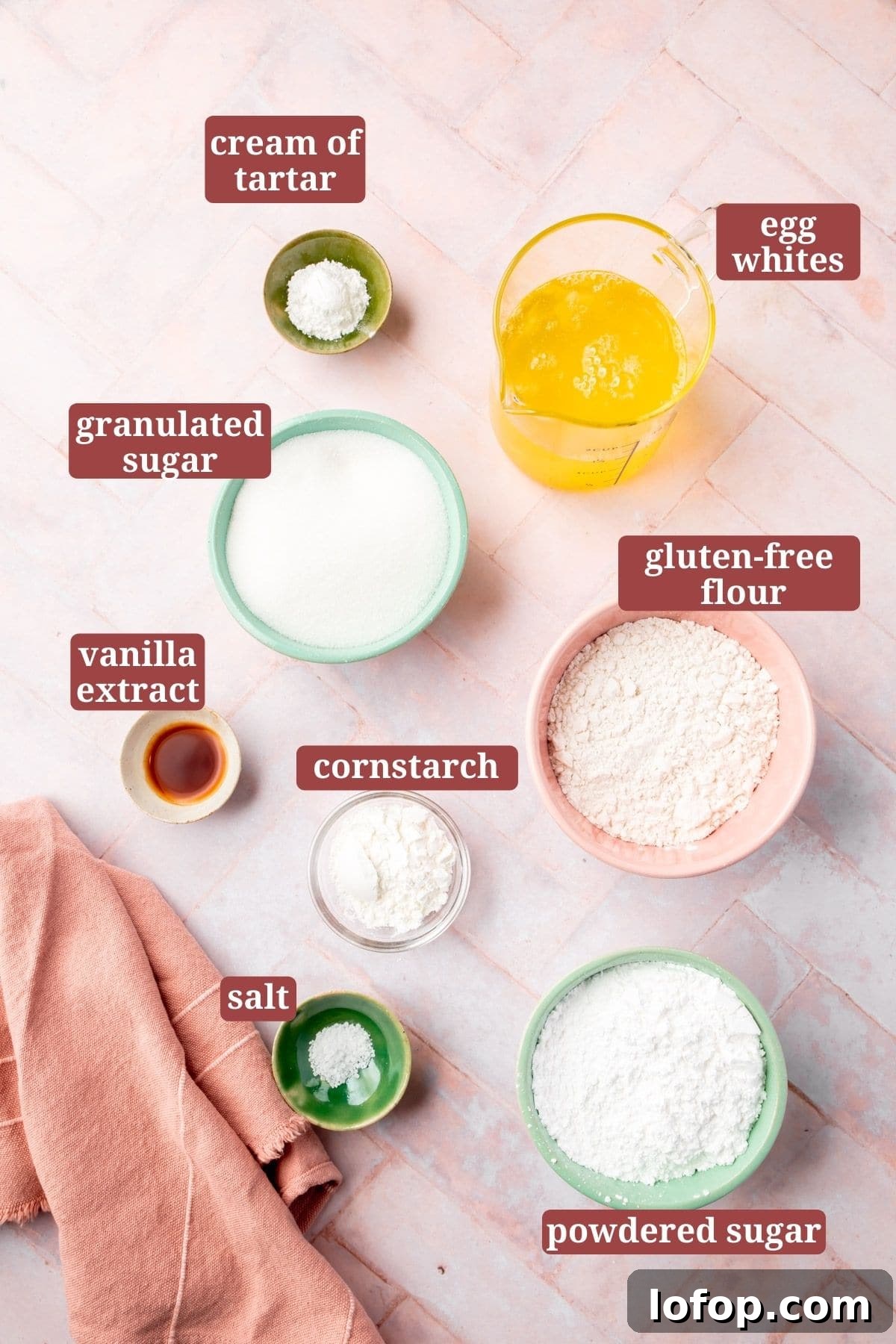Fluffy Gluten-Free Angel Food Cake Recipe for Light Desserts 3 Infographic on ingredients in prep bowls for a gluten-free angel food cake.