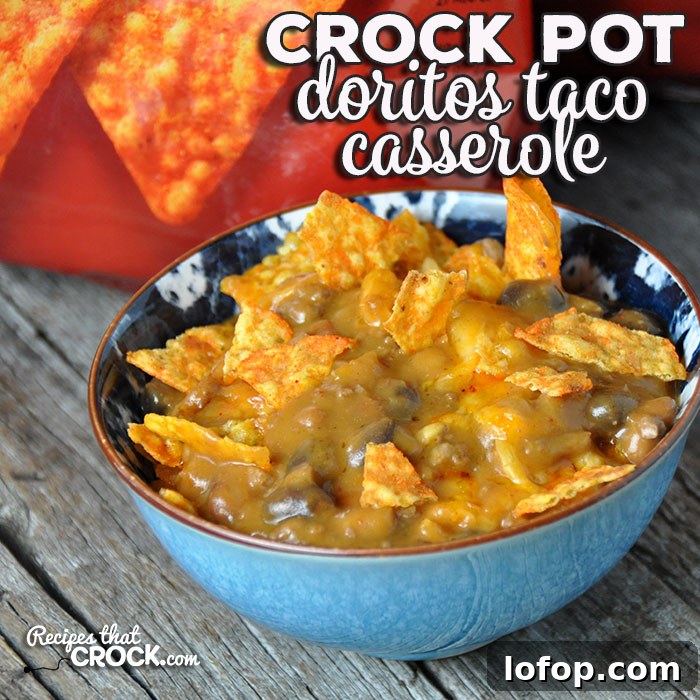 Taco night just got a little more fun with this flavorful Crock Pot Doritos Taco Casserole! It is easy, cheesy and delicious!