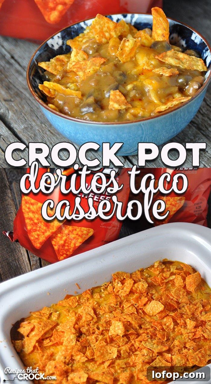 Taco night just got a little more fun with this flavorful Crock Pot Doritos Taco Casserole! It is easy, cheesy and delicious!