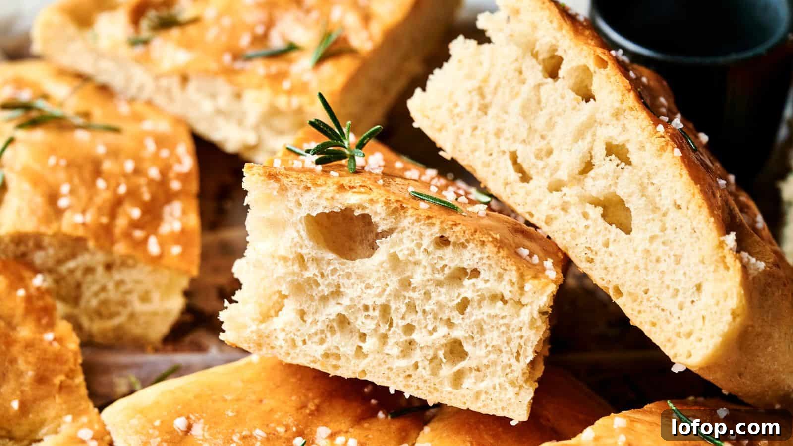 31 Budget-Friendly Winter Meals to Stretch One Grocery Trip Into a Week 11 Close-up of sliced focaccia bread topped with coarse salt and rosemary, showing a light, airy crumb.