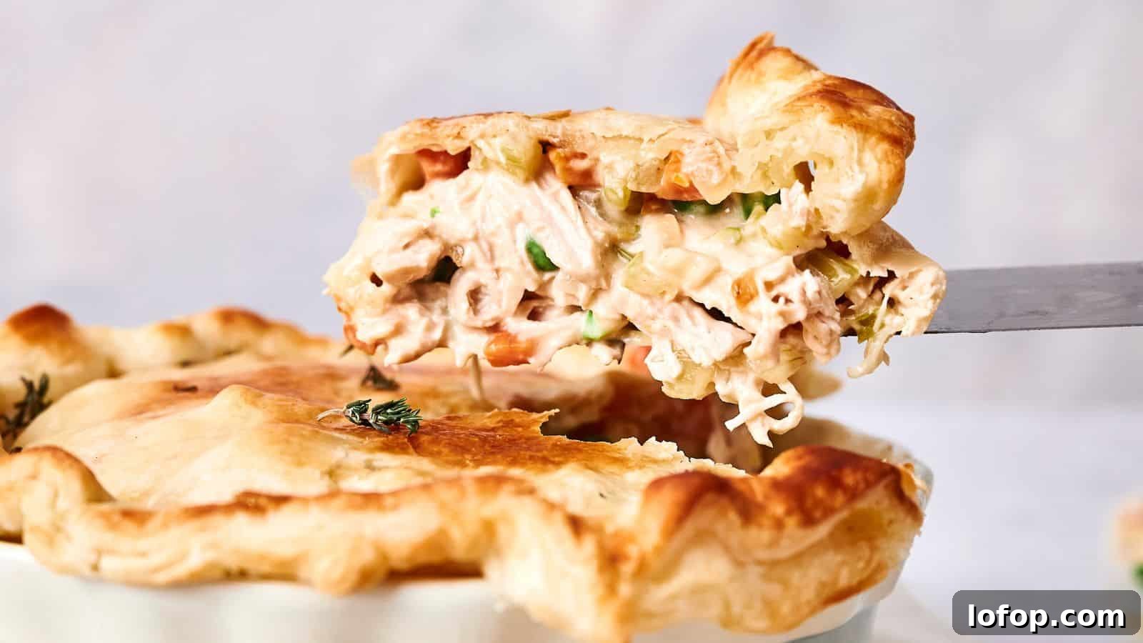 31 Budget-Friendly Winter Meals to Stretch One Grocery Trip Into a Week 14 A slice of chicken pot pie being lifted, showing its creamy filling with chunks of chicken and vegetables, garnished with thyme.