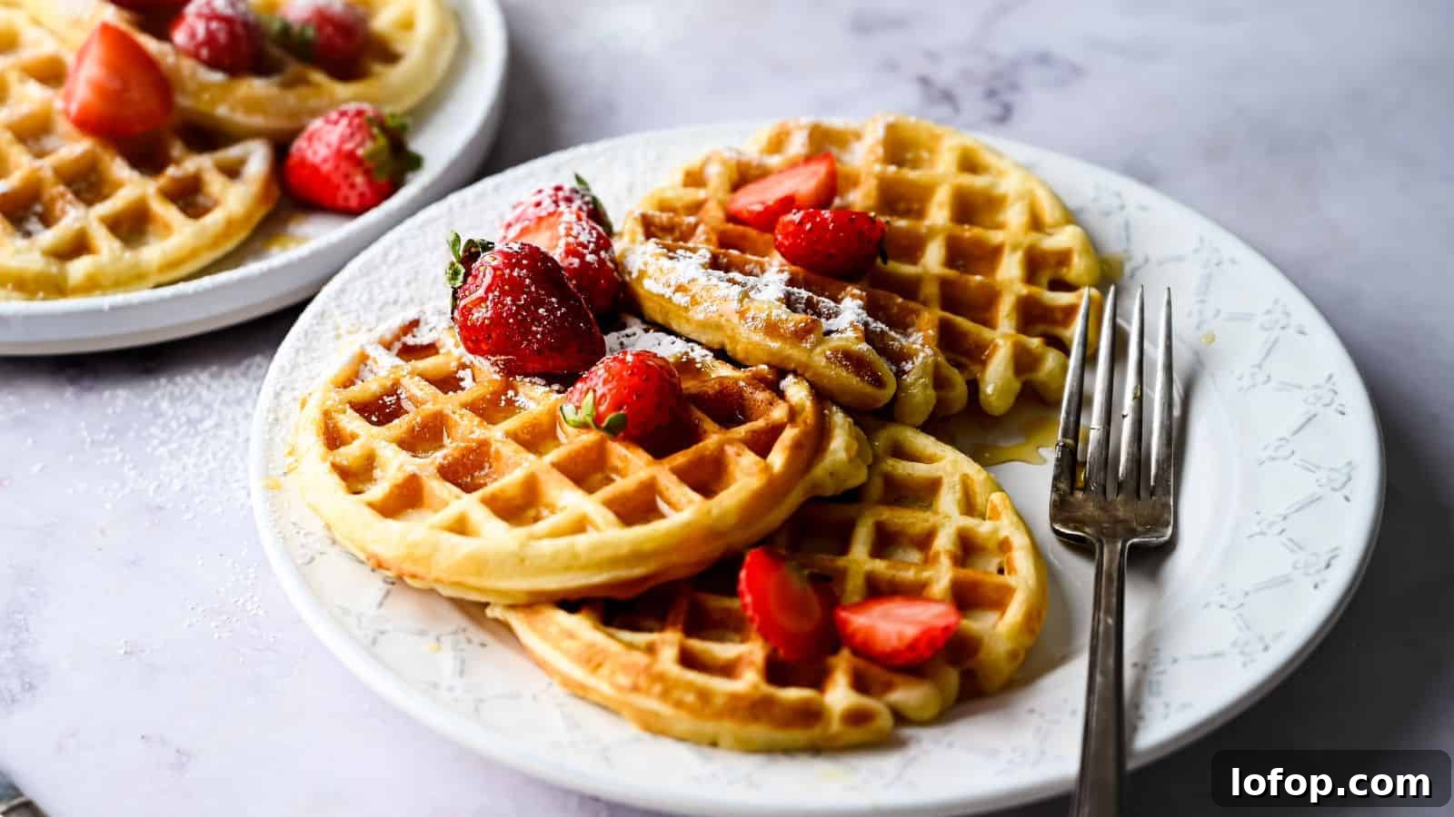31 Budget-Friendly Winter Meals to Stretch One Grocery Trip Into a Week 15 Freshly made waffles on a plate with strawberries.