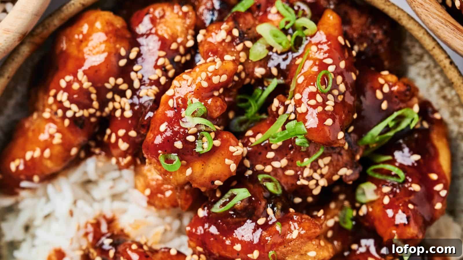 31 Budget-Friendly Winter Meals to Stretch One Grocery Trip Into a Week 21 A close-up of glazed chicken pieces with sesame seeds and chopped scallions on a bed of rice.