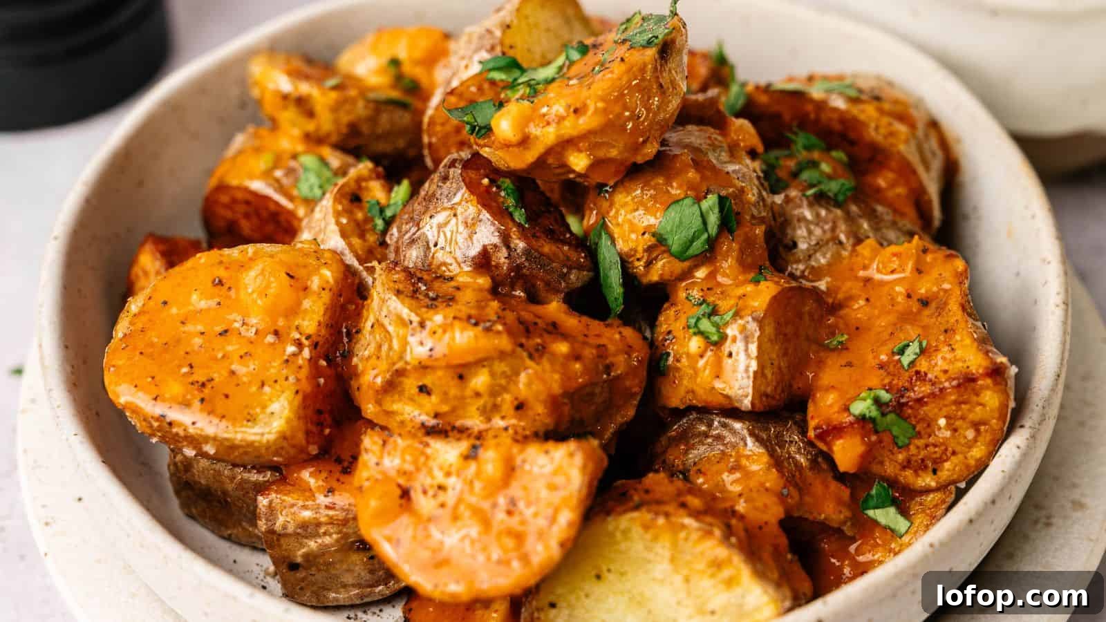 31 Budget-Friendly Winter Meals to Stretch One Grocery Trip Into a Week 22 A bowl of roasted potato wedges covered in a creamy orange sauce and garnished with chopped herbs.