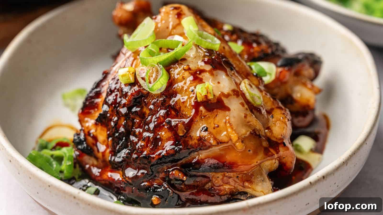 31 Budget-Friendly Winter Meals to Stretch One Grocery Trip Into a Week 24 A cooked chicken thigh glazed with a dark sauce, garnished with sliced green onions, served in a light-colored bowl.