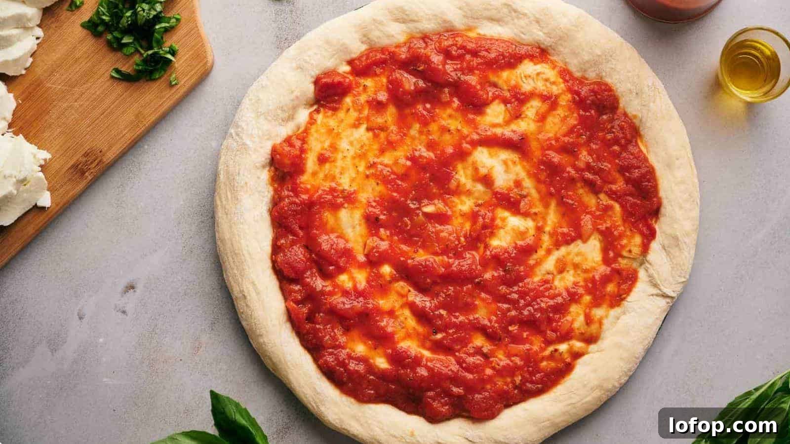 31 Budget-Friendly Winter Meals to Stretch One Grocery Trip Into a Week 29 Pizza sauce spread over a pizza crust.