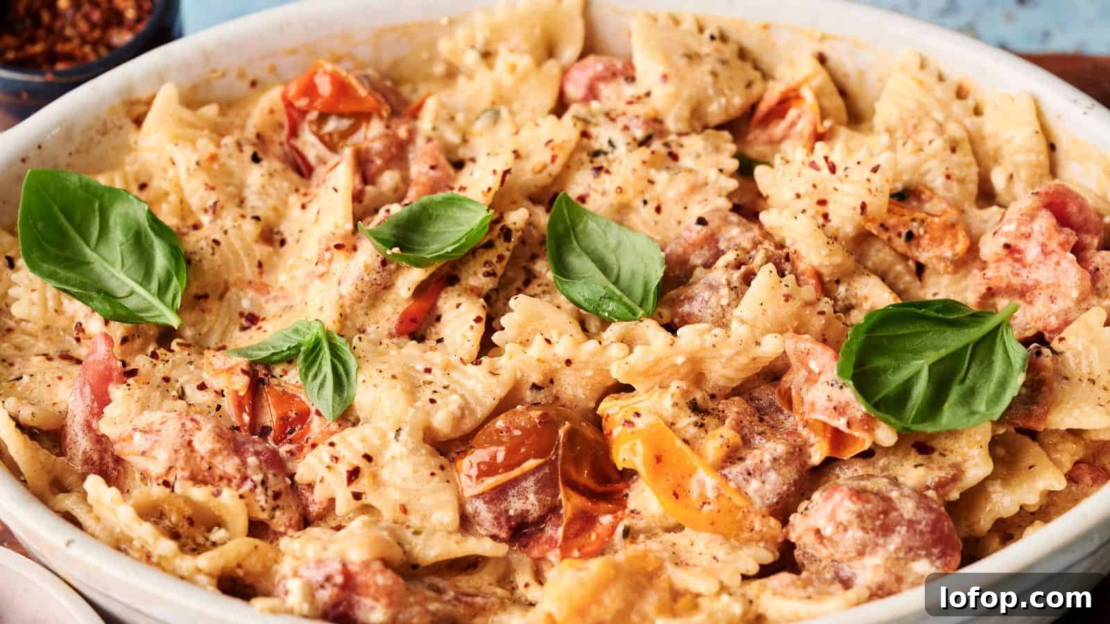 31 Budget-Friendly Winter Meals to Stretch One Grocery Trip Into a Week 4 Baked bow-tie pasta with cherry tomatoes, creamy sauce, basil leaves, and red pepper flakes in a white dish.