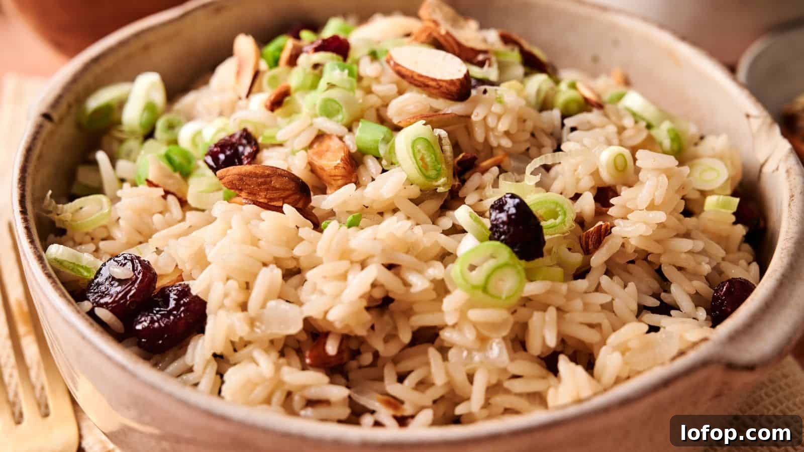 31 Budget-Friendly Winter Meals to Stretch One Grocery Trip Into a Week 5 A bowl of rice pilaf topped with sliced green onions, almonds, and dried cranberries.