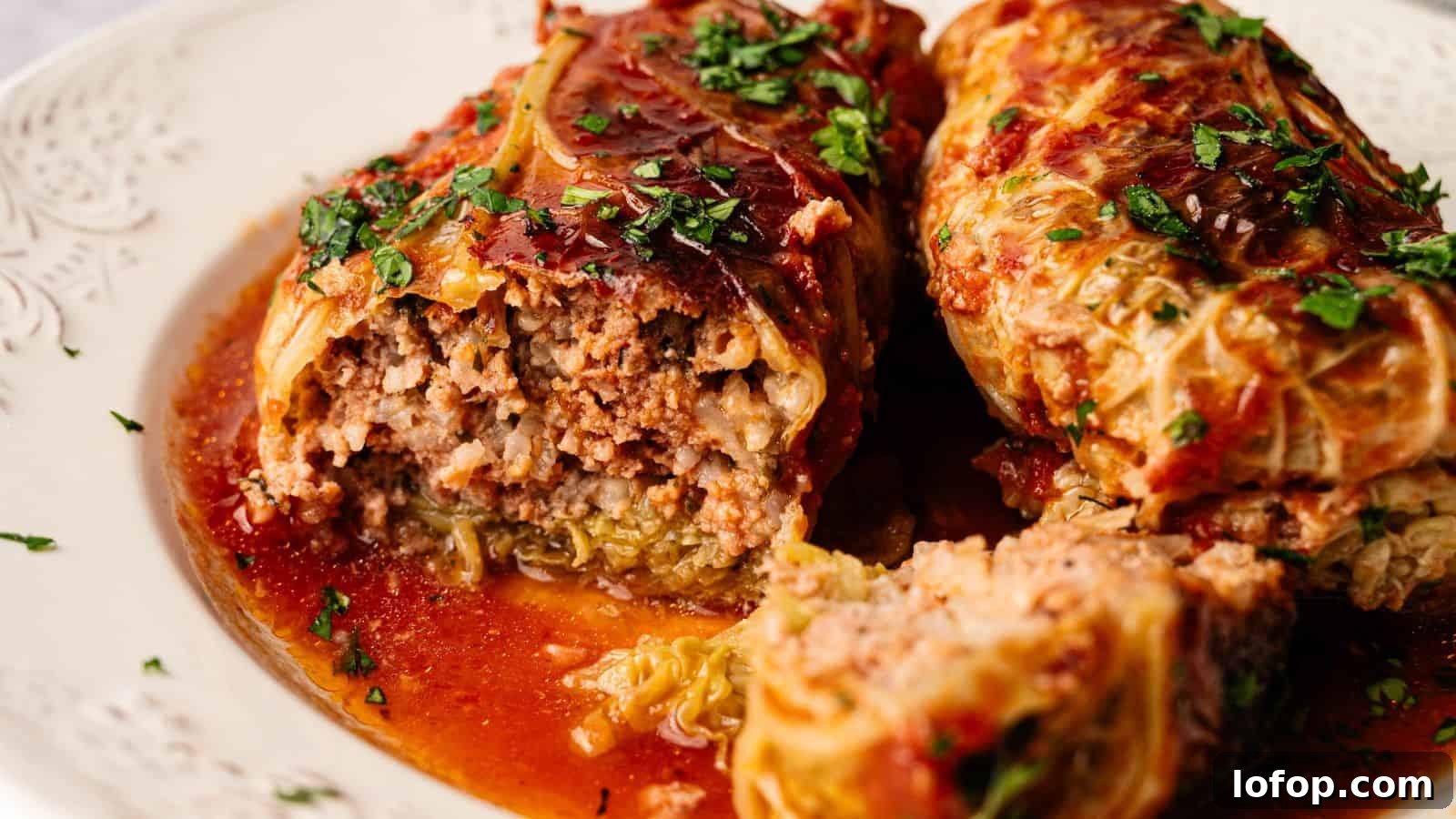 31 Budget-Friendly Winter Meals to Stretch One Grocery Trip Into a Week 6 Two cabbage rolls filled with ground meat and rice, topped with tomato sauce and chopped herbs, served on a white plate.