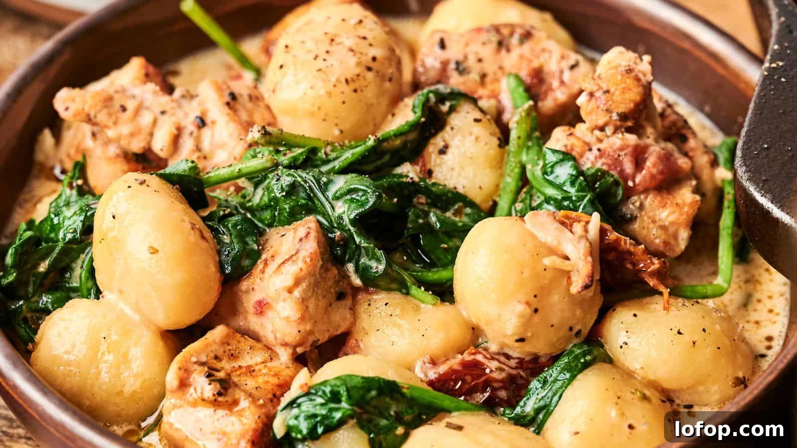 31 Budget-Friendly Winter Meals to Stretch One Grocery Trip Into a Week 7 A bowl of gnocchi with pieces of chicken, wilted spinach, and a creamy sauce, garnished with black pepper.