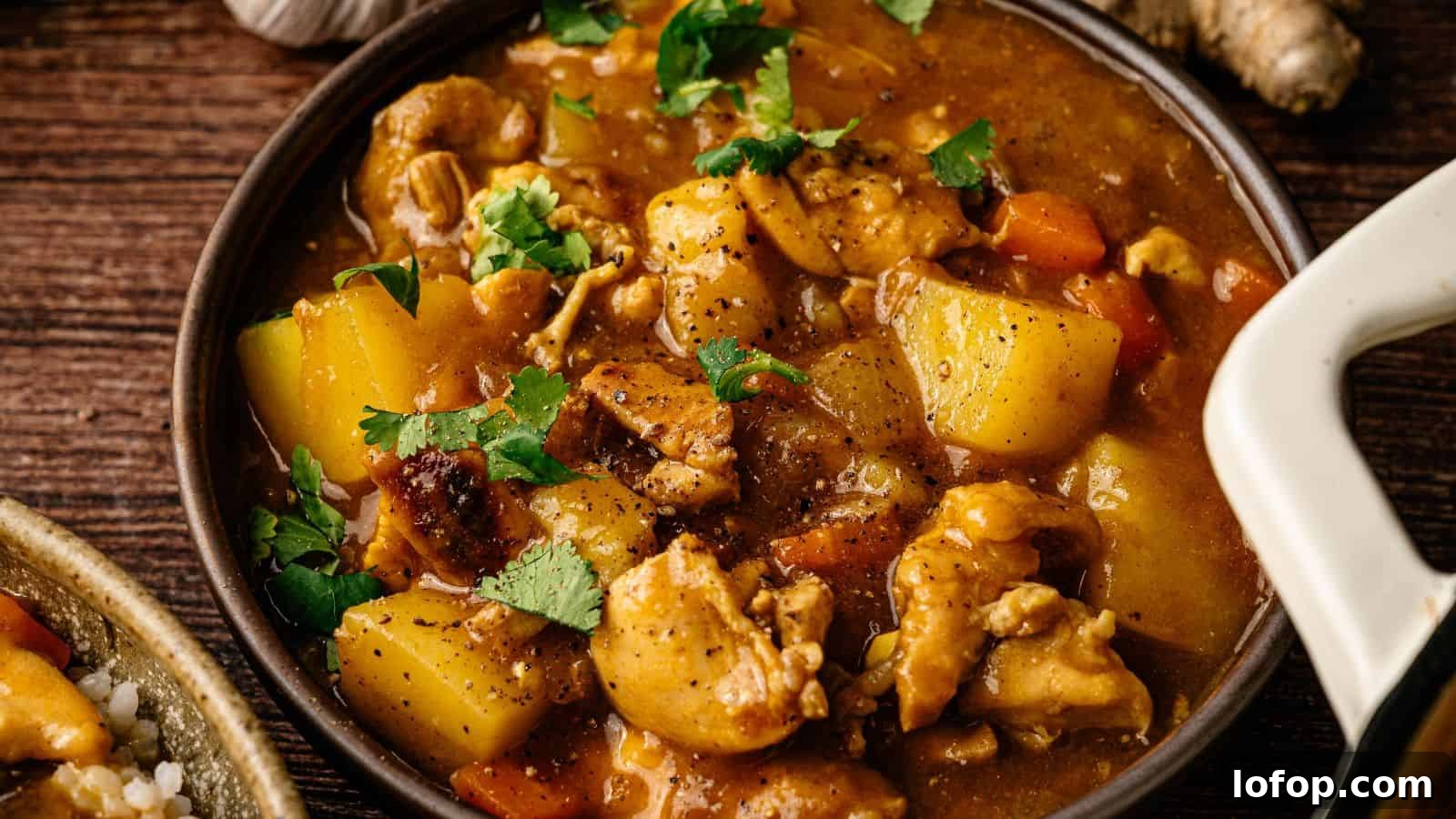 31 Budget-Friendly Winter Meals to Stretch One Grocery Trip Into a Week 10 A bowl of chicken stew with chunks of potato and carrot, garnished with chopped cilantro, on a wooden surface.