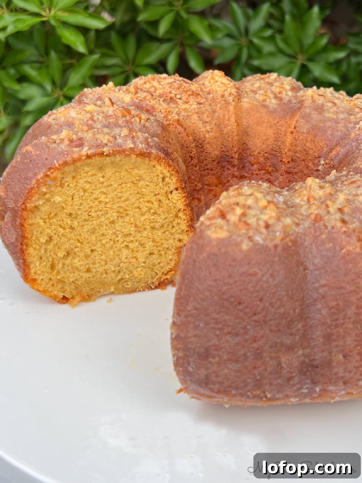 Eggnog Rum Cake, sliced, on a pedestal.
