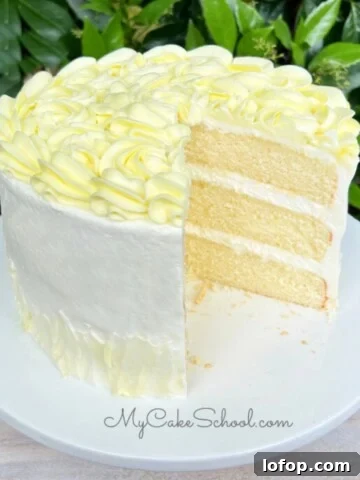 Sliced Limoncello Cake on white cake pedestal.