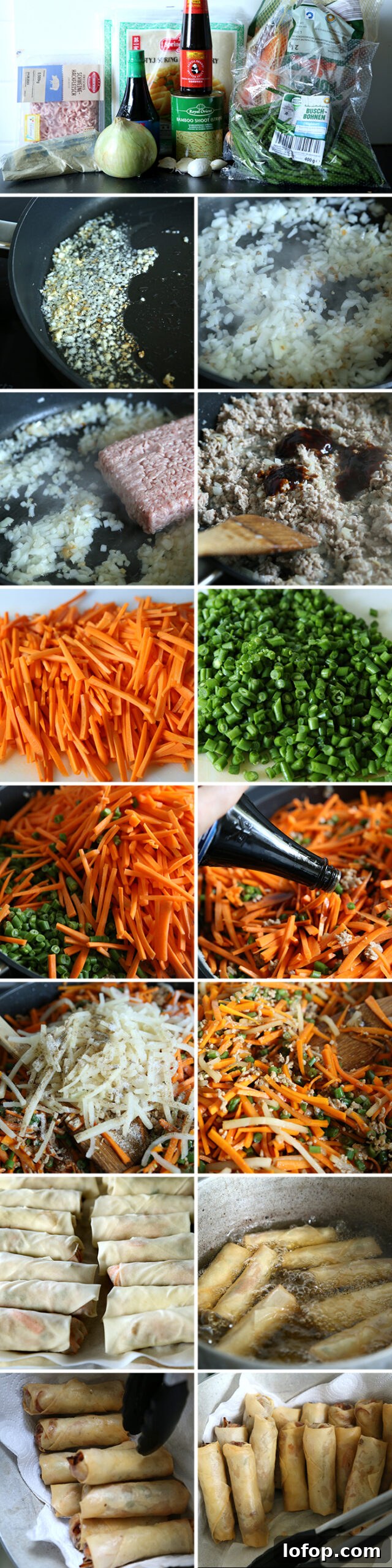 15-photo picture collage of step-by-step photos of how to make Indonesian Egg Rolls.