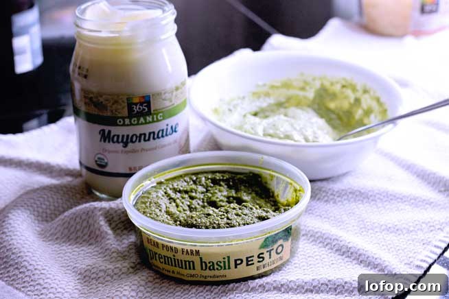 Creamy Pesto Pasta Salad Made with Store-Bought Pesto 5 pesto salad dressing with store bought pesto and mayo