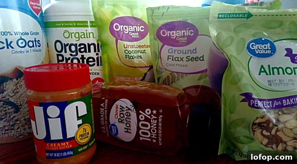 Ingredients: oats, protein, coconut, flax seed, almond slices, honey, and peanut butter.