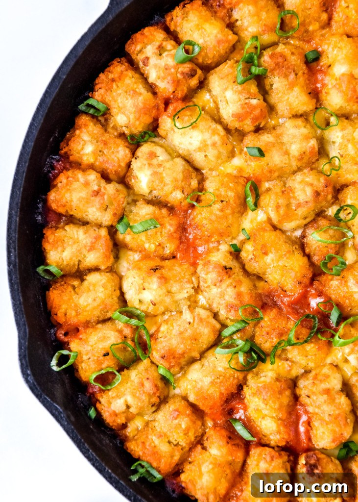 close up of the top of a cooked turkey sloppy joe tater tot casserole.