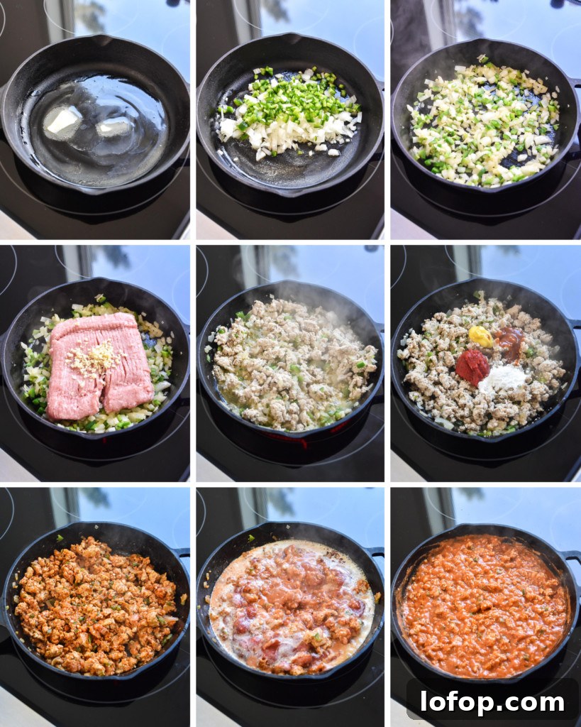 9 steps of cooking the sloppy joe mixture in a cast iron pan on the stove.