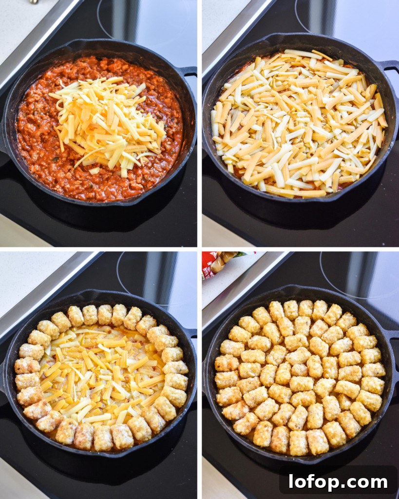 a collage of assembling the casserole with cheese and tater tots.