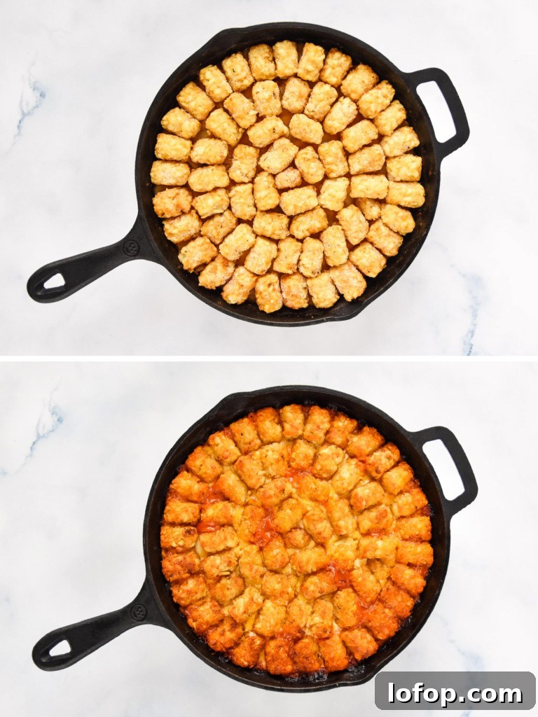 before and after cooking the turkey sloppy joe tater tot casserole.