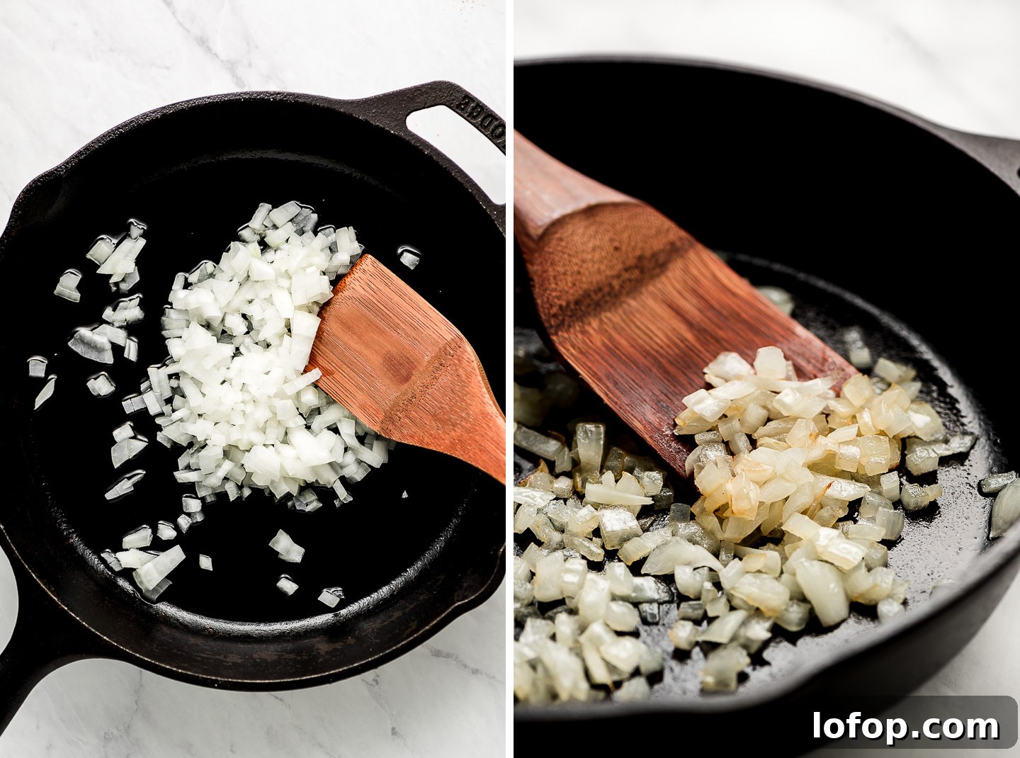 Crispy Dorito Taco Salad Recipe for Game Day and Weeknight Meals 6 A cast iron skillet with raw onions; cooked, translucent onions in a skillet.