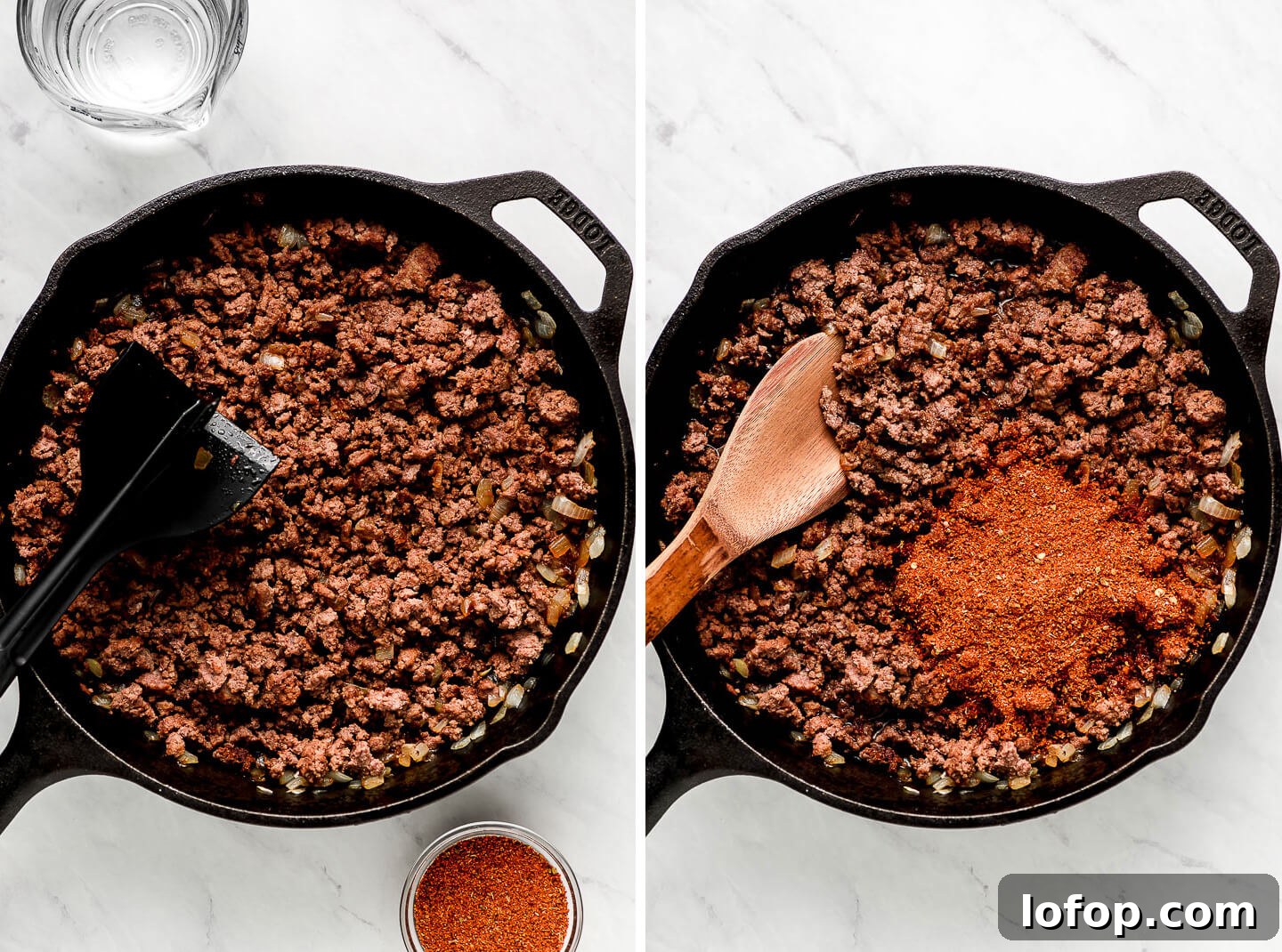 Crispy Dorito Taco Salad Recipe for Game Day and Weeknight Meals 7 Ground beef and onions browned in a cast iron skillet; taco season added.