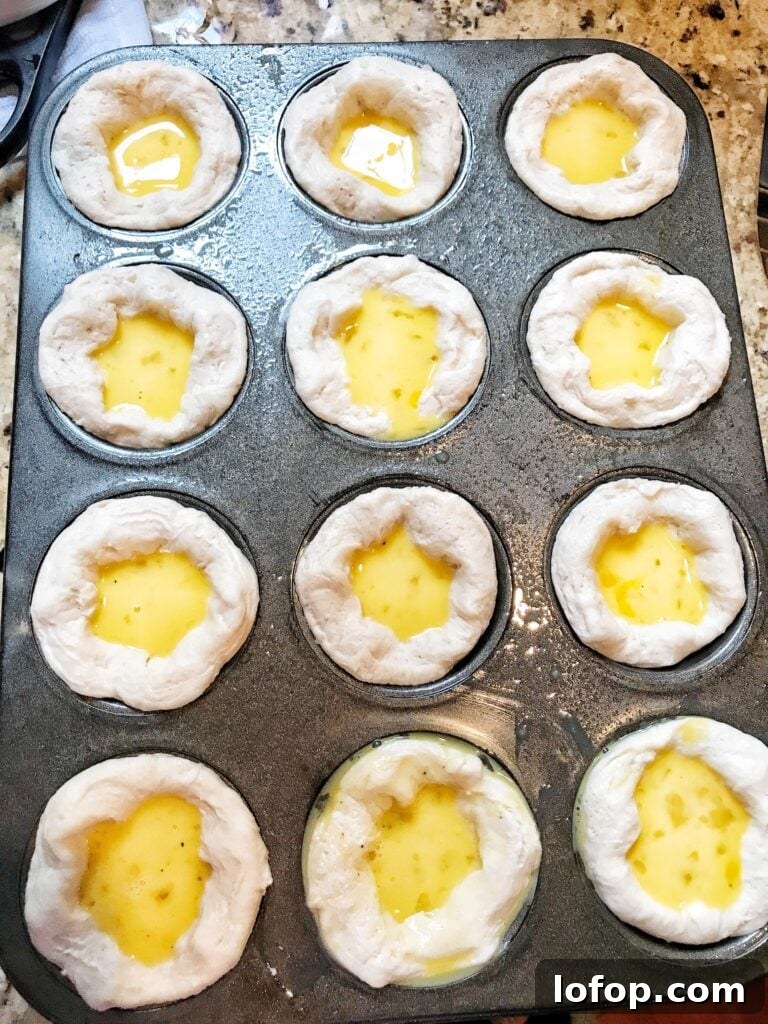 Cheesy Scrambled Egg Breakfast Biscuits Recipe 5 Egg you in raw biscuit dough in a muffin tin