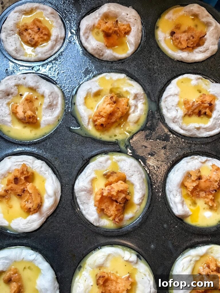 Cheesy Scrambled Egg Breakfast Biscuits Recipe 6 Cheese on top of egg yolk on top of raw biscuit dough in a muffin tin