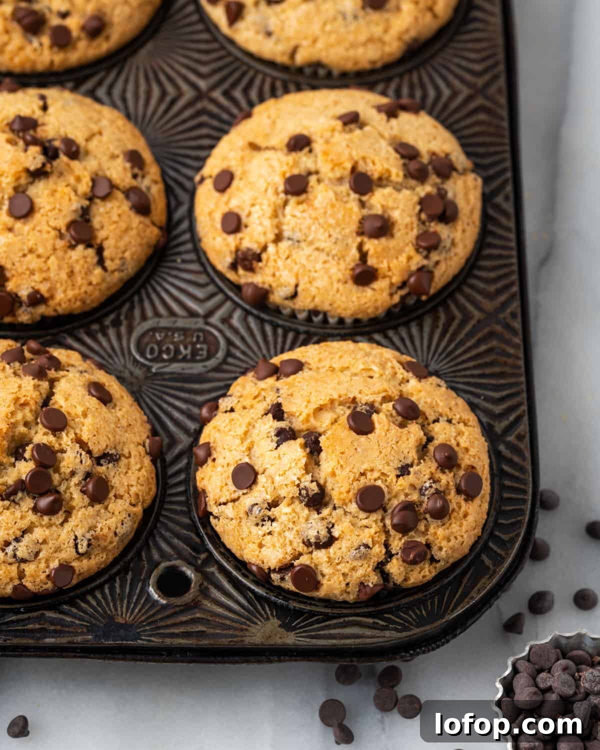 Freshly baked gluten free chocolate chip muffins in a metal baking tin.