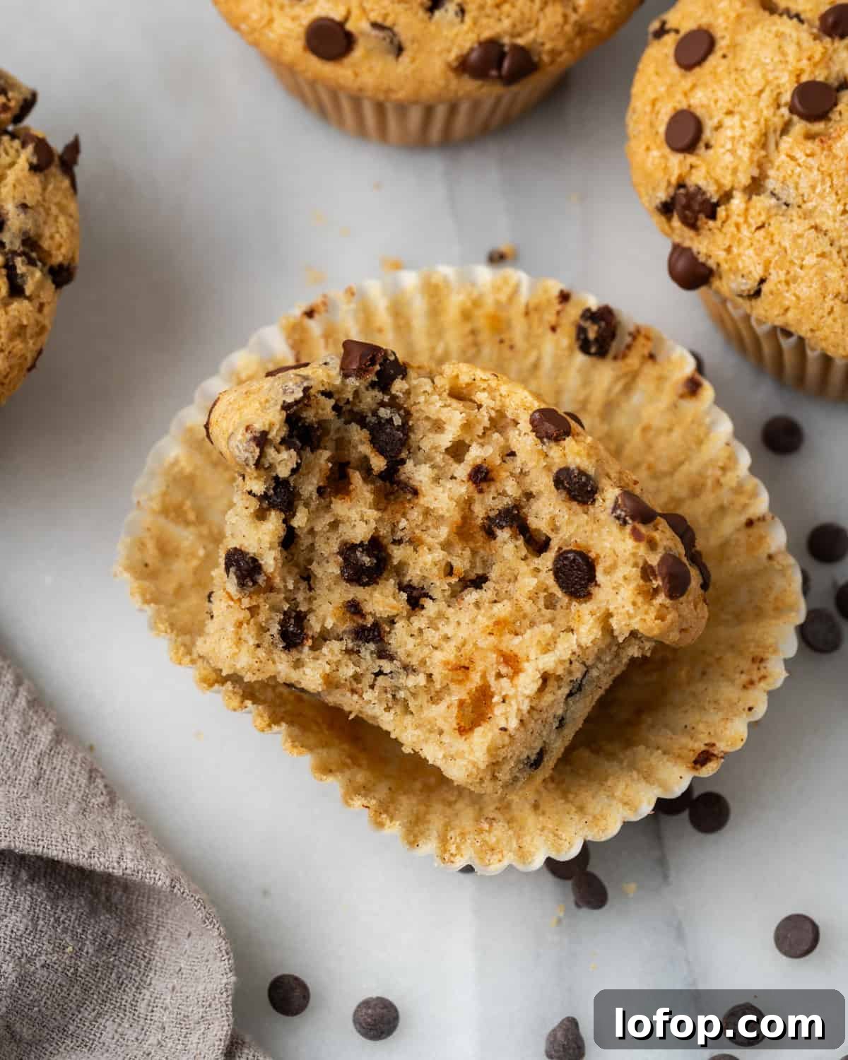 A chocolate chip muffin with a bite taken out.