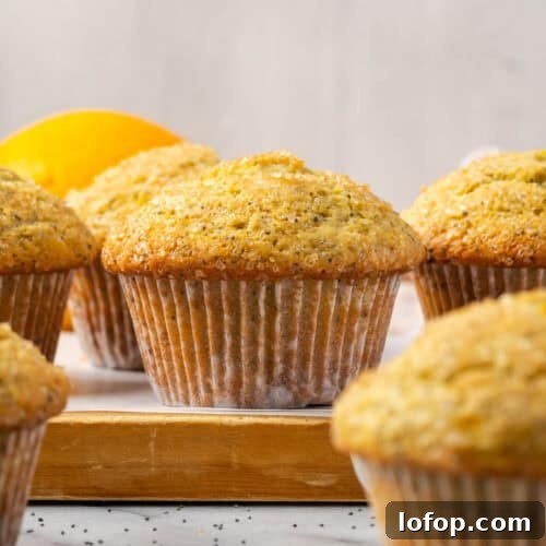 A batch of gluten free orange poppy seed muffins sitting on a wood cutting board.
