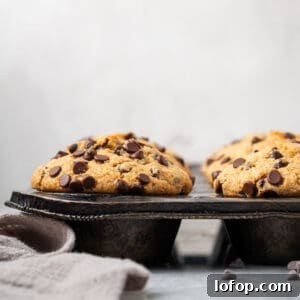 Freshly baked chocolate chip muffins in a metal tin.