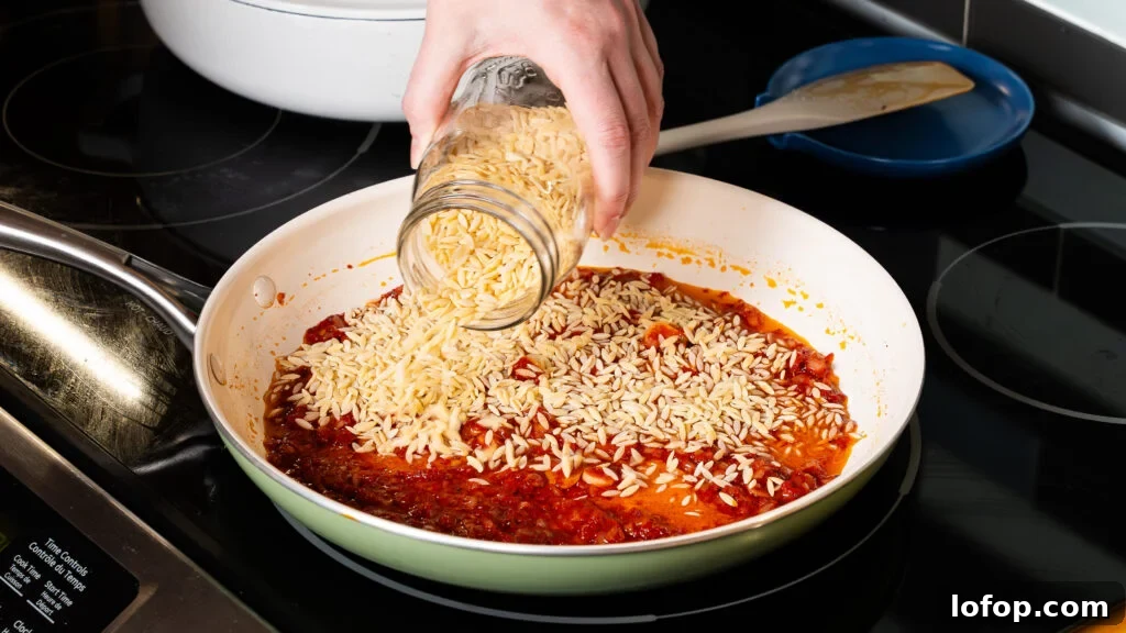 Creamy One-Pot Orzo Pasta Ready in 30 Minutes 3 Adding orzo to a pan to make a delicious creamy orzo recipe.