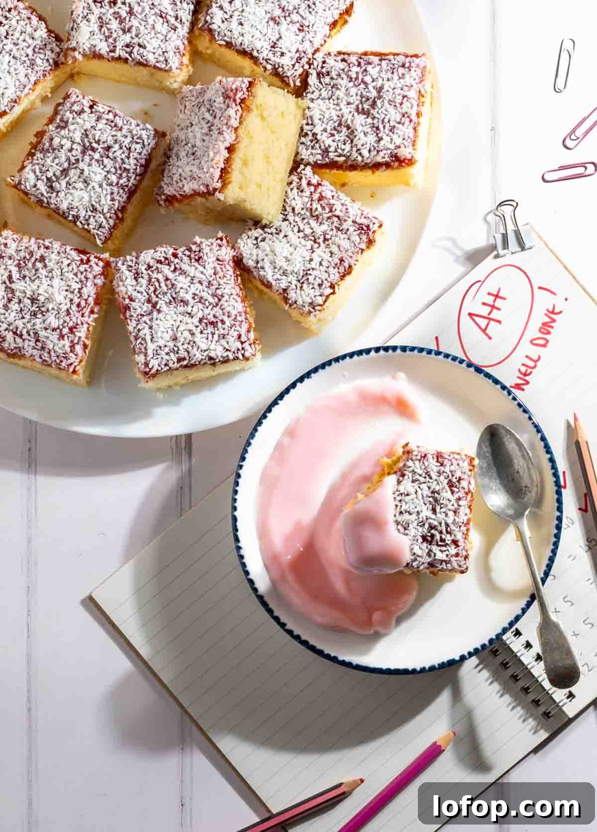 Squares of jam and coconut sponge on a white plate alongside a slice served with pink custard.