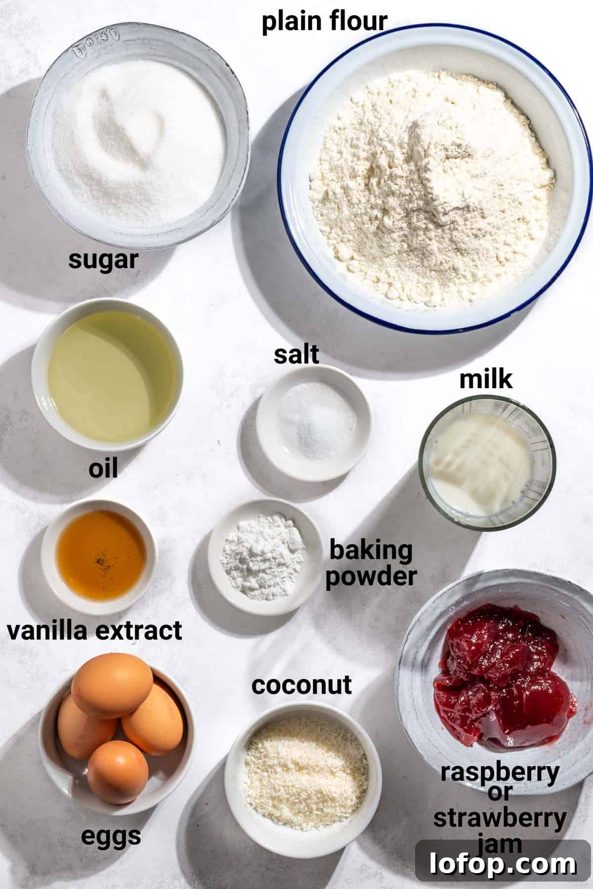 Jam and coconut sponge ingredients.