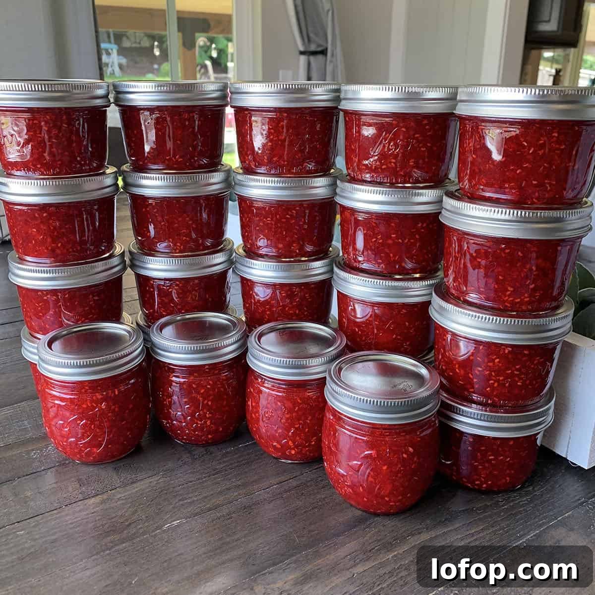 Homemade raspberry freezer jam from freshly grown raspberries.